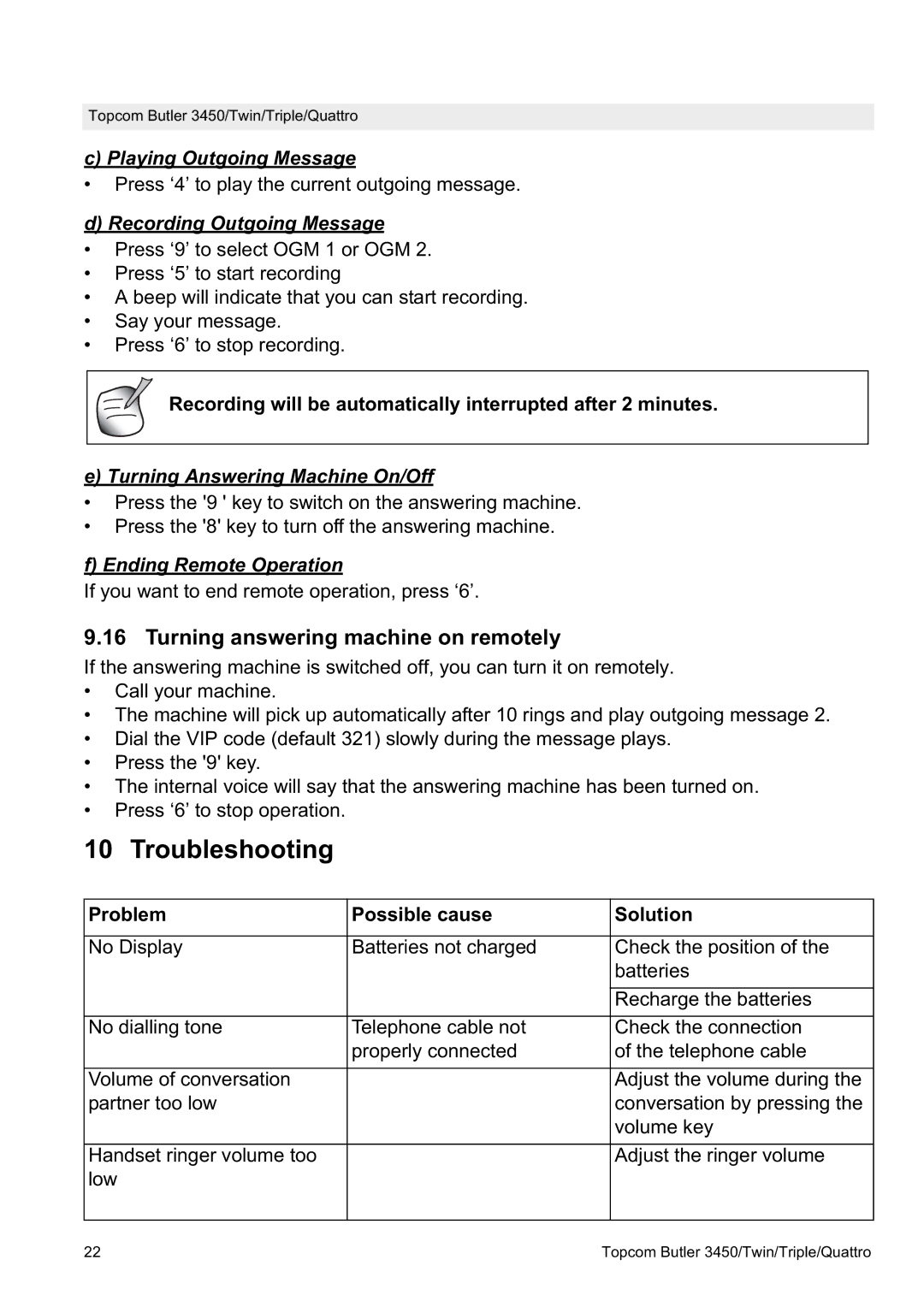 Topcom BUTLER Quattro, BUTLER 3450 manual Troubleshooting, Turning answering machine on remotely 