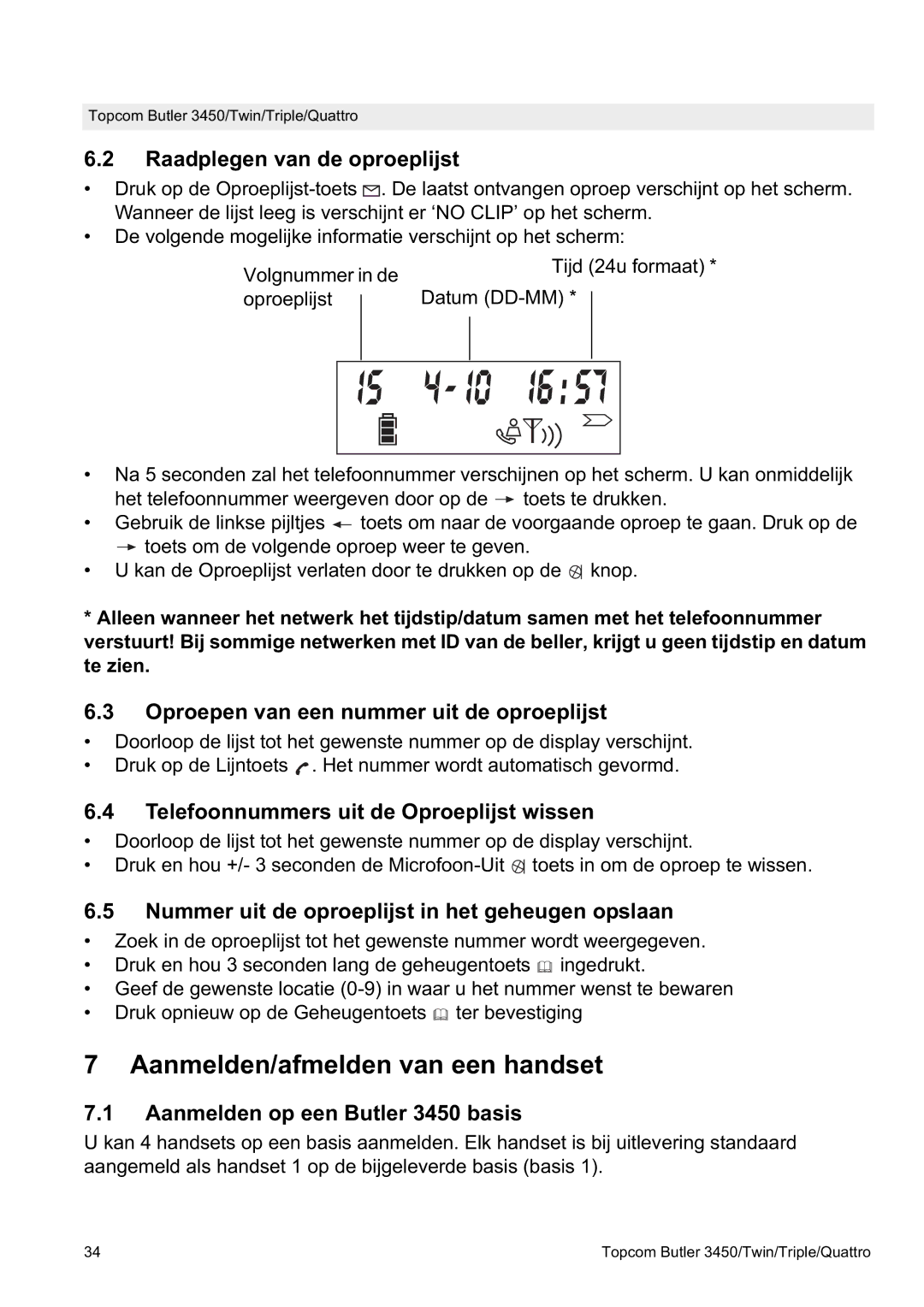 Topcom BUTLER Quattro, BUTLER 3450 manual Aanmelden/afmelden van een handset 