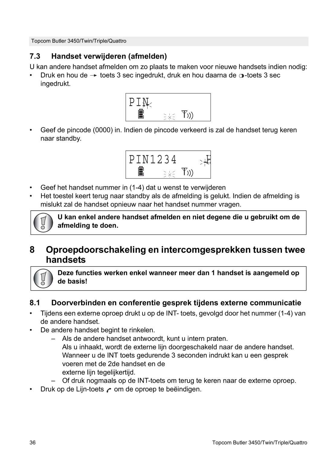 Topcom BUTLER Quattro, BUTLER 3450 manual Handset verwijderen afmelden 