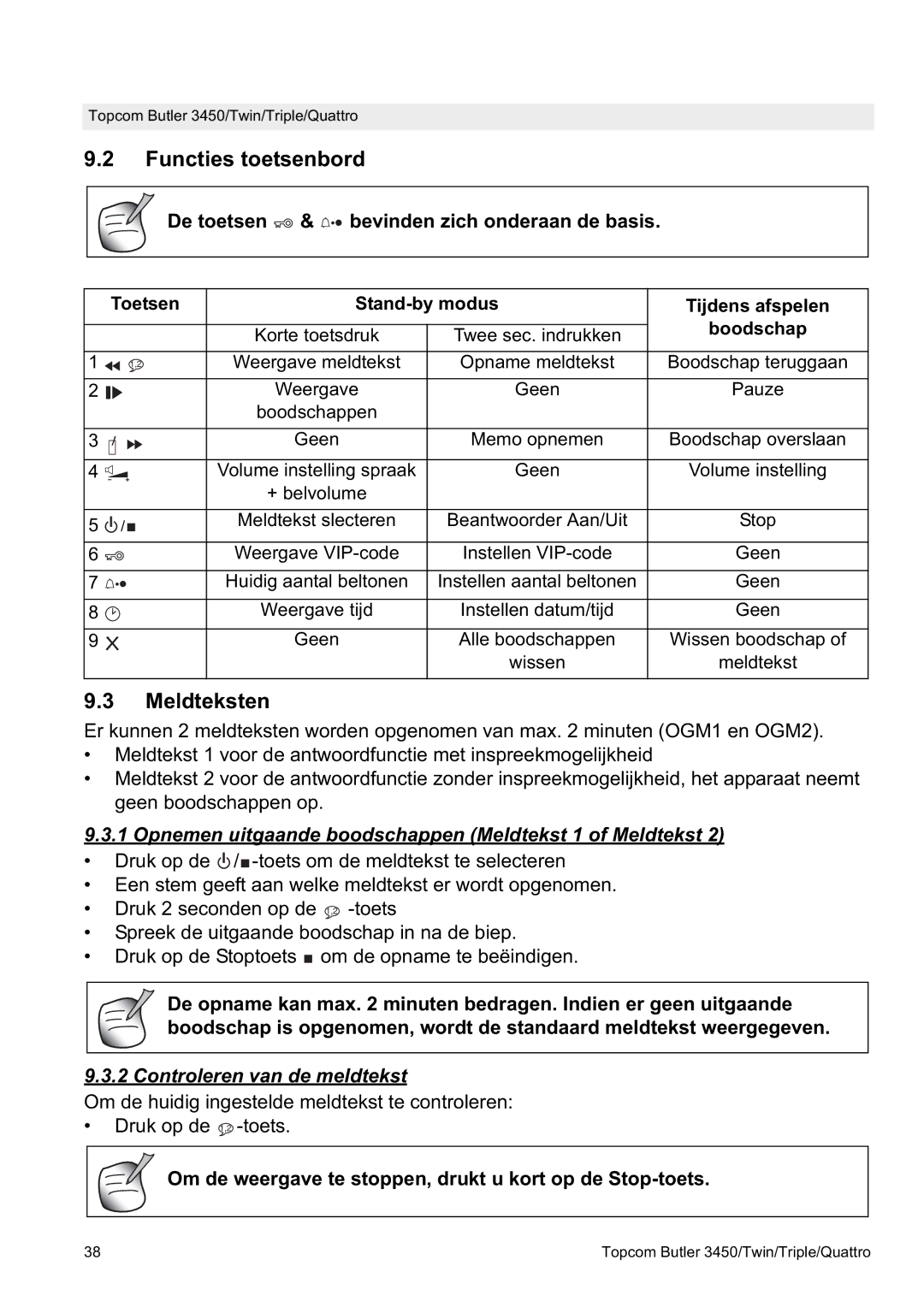 Topcom BUTLER Quattro manual Functies toetsenbord, Meldteksten, Opnemen uitgaande boodschappen Meldtekst 1 of Meldtekst 