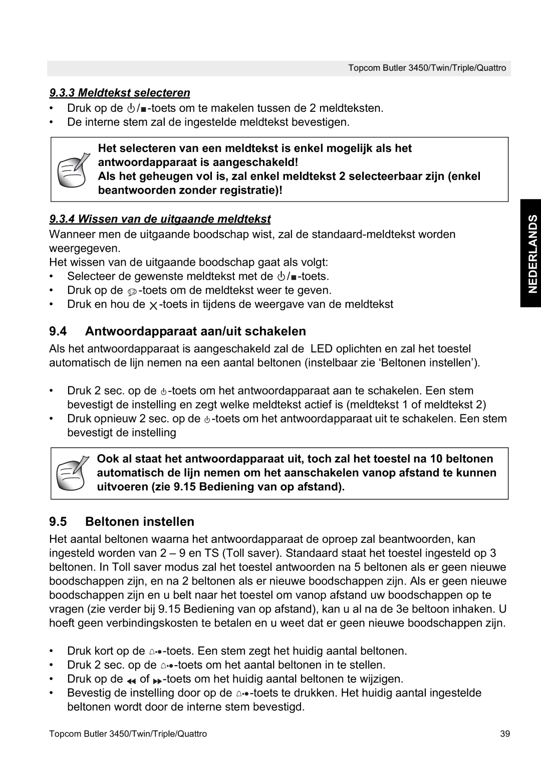 Topcom BUTLER 3450, BUTLER Quattro manual Antwoordapparaat aan/uit schakelen, Beltonen instellen, Meldtekst selecteren 