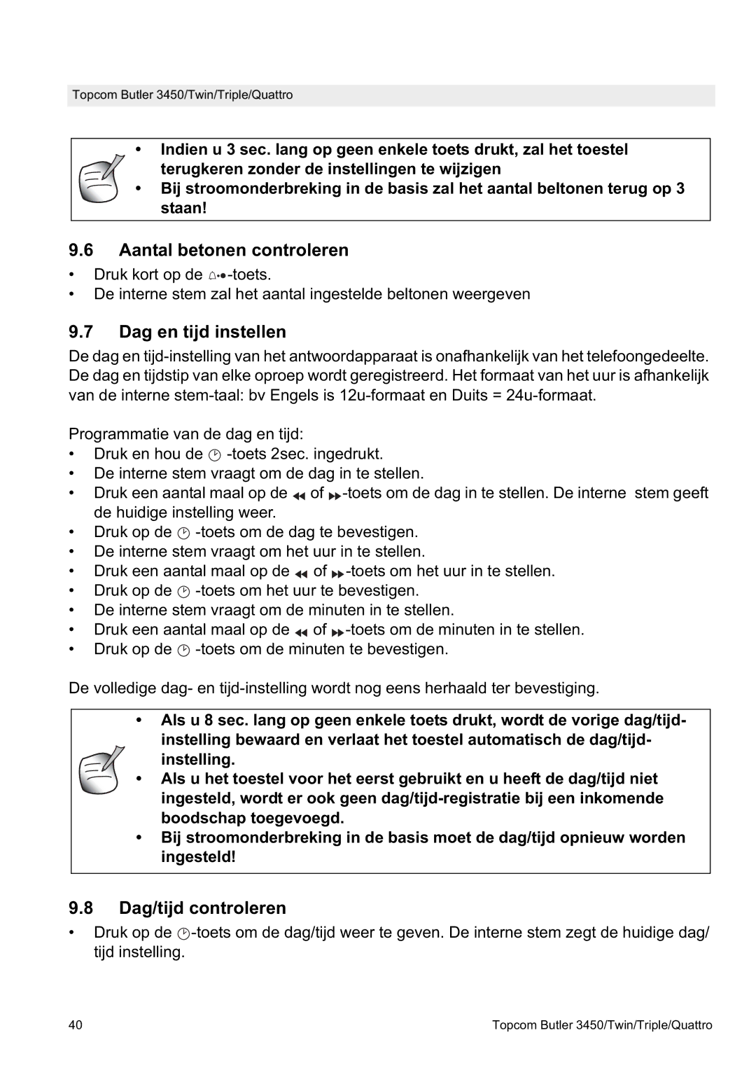 Topcom BUTLER Quattro, BUTLER 3450 manual Aantal betonen controleren, Dag en tijd instellen, Dag/tijd controleren 