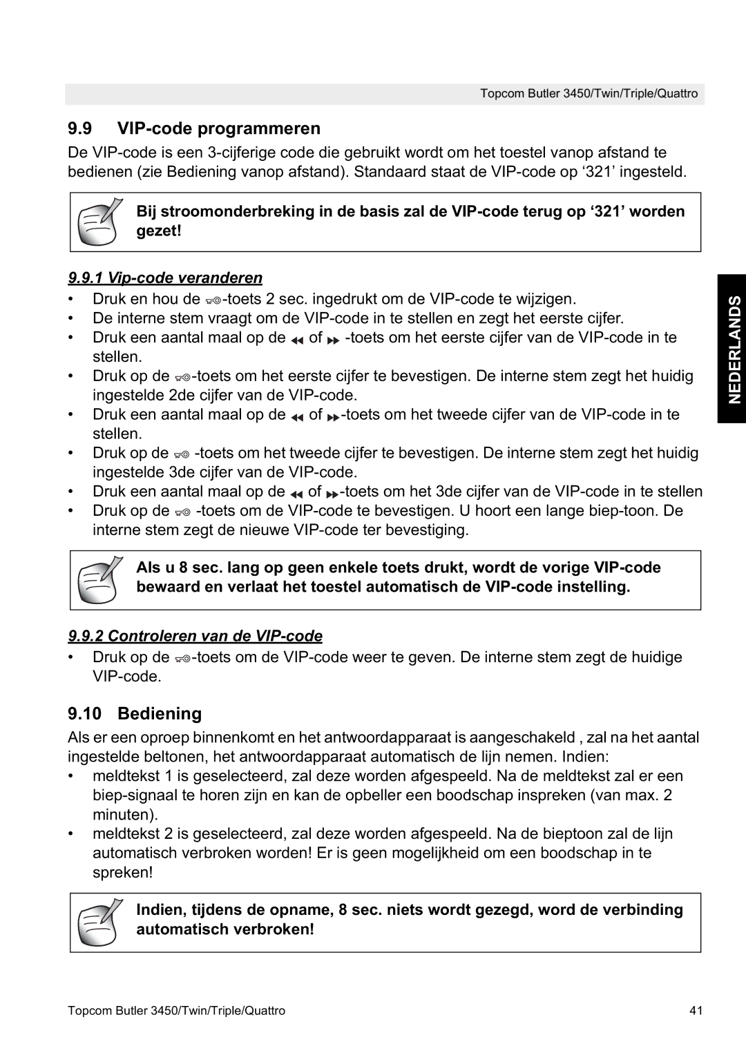 Topcom BUTLER 3450, BUTLER Quattro manual VIP-code programmeren, Bediening, Vip-code veranderen, Controleren van de VIP-code 