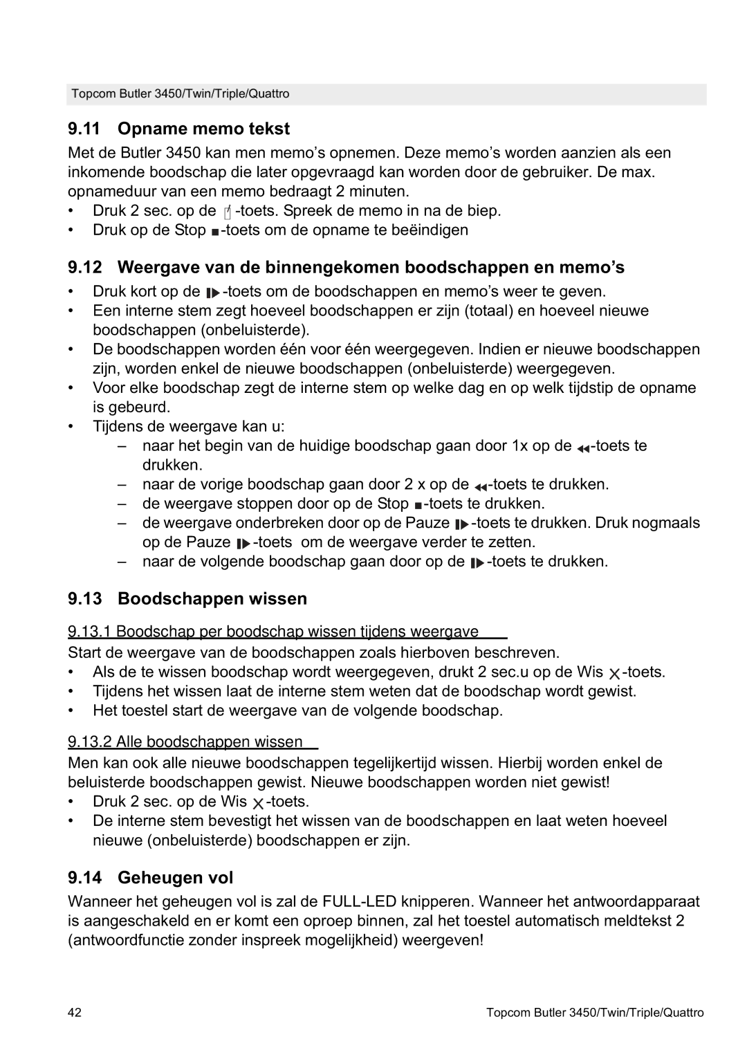 Topcom BUTLER Quattro manual Opname memo tekst, Weergave van de binnengekomen boodschappen en memo’s, Boodschappen wissen 