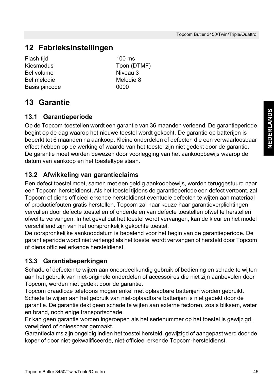 Topcom BUTLER 3450 manual Fabrieksinstellingen, Garantieperiode, Afwikkeling van garantieclaims, Garantiebeperkingen 