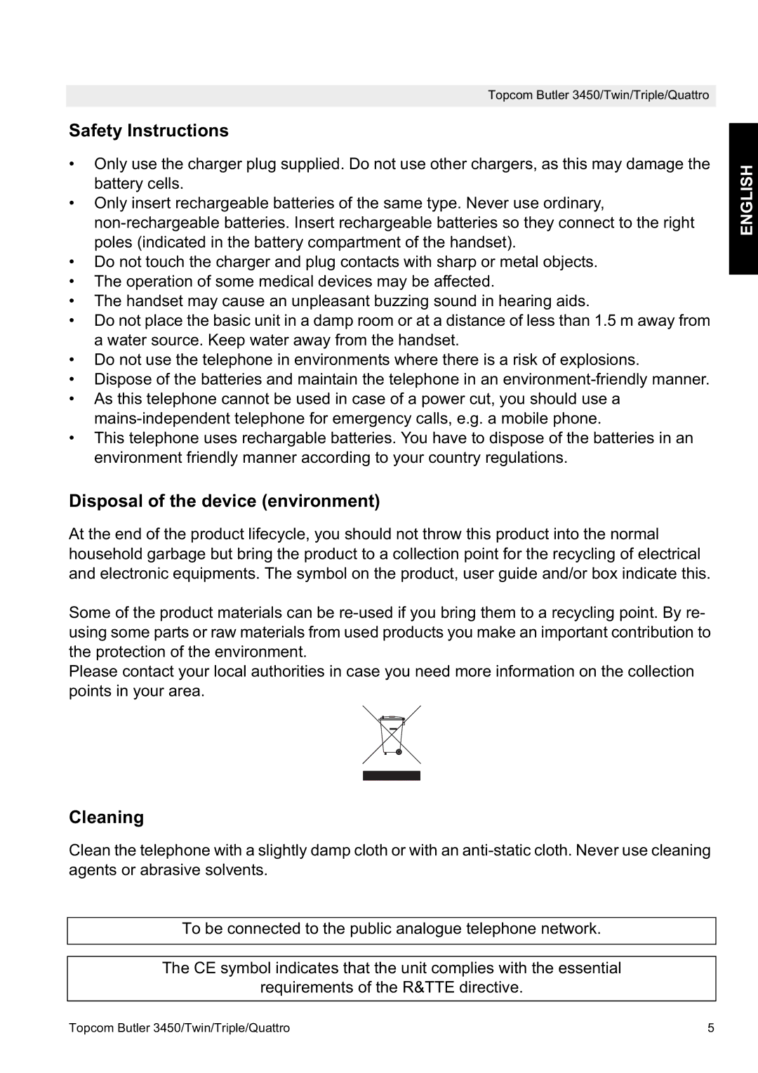 Topcom BUTLER 3450, BUTLER Quattro manual Safety Instructions, Disposal of the device environment, Cleaning 