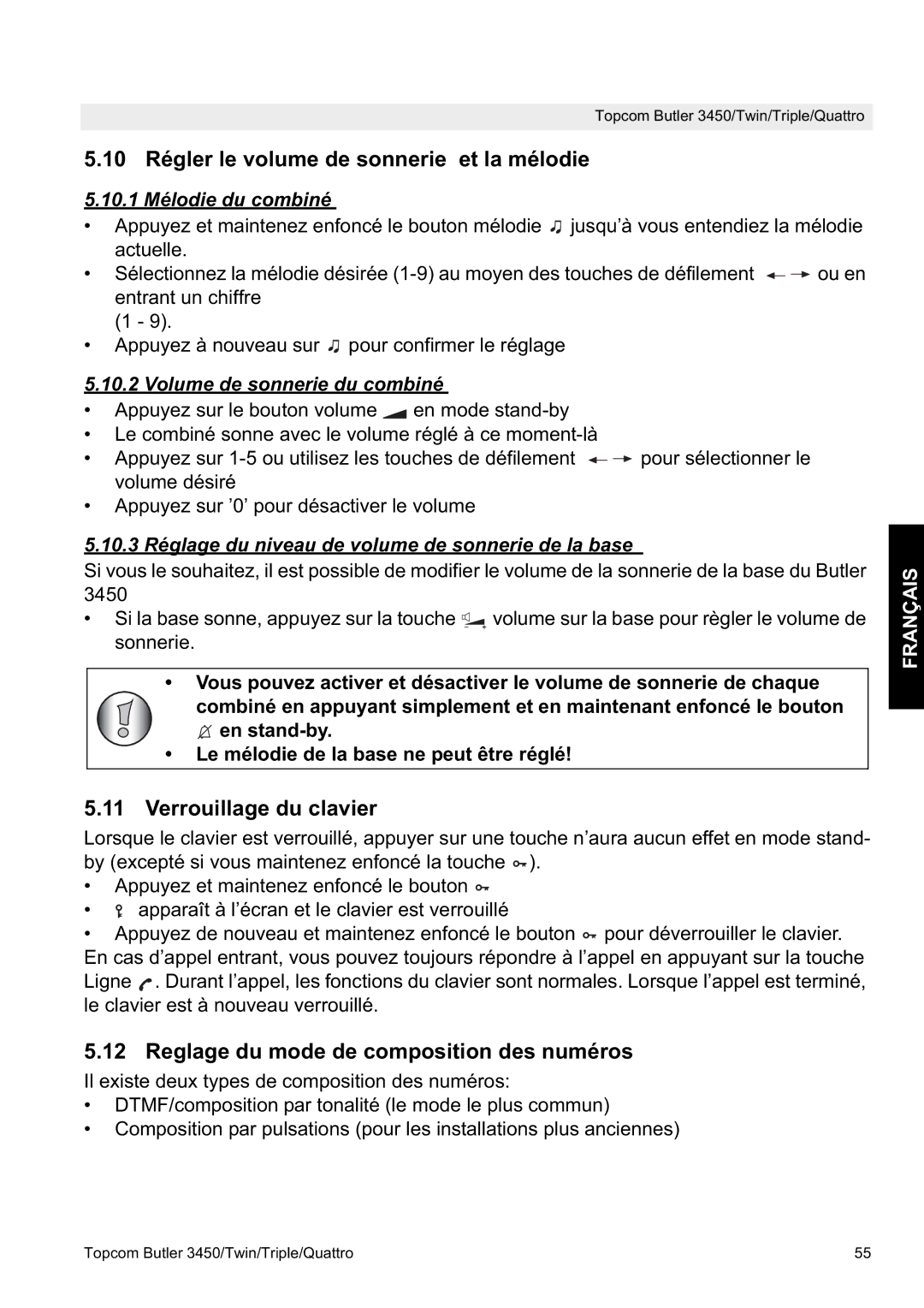 Topcom BUTLER 3450, BUTLER Quattro manual 10 Régler le volume de sonnerie et la mélodie, Verrouillage du clavier 