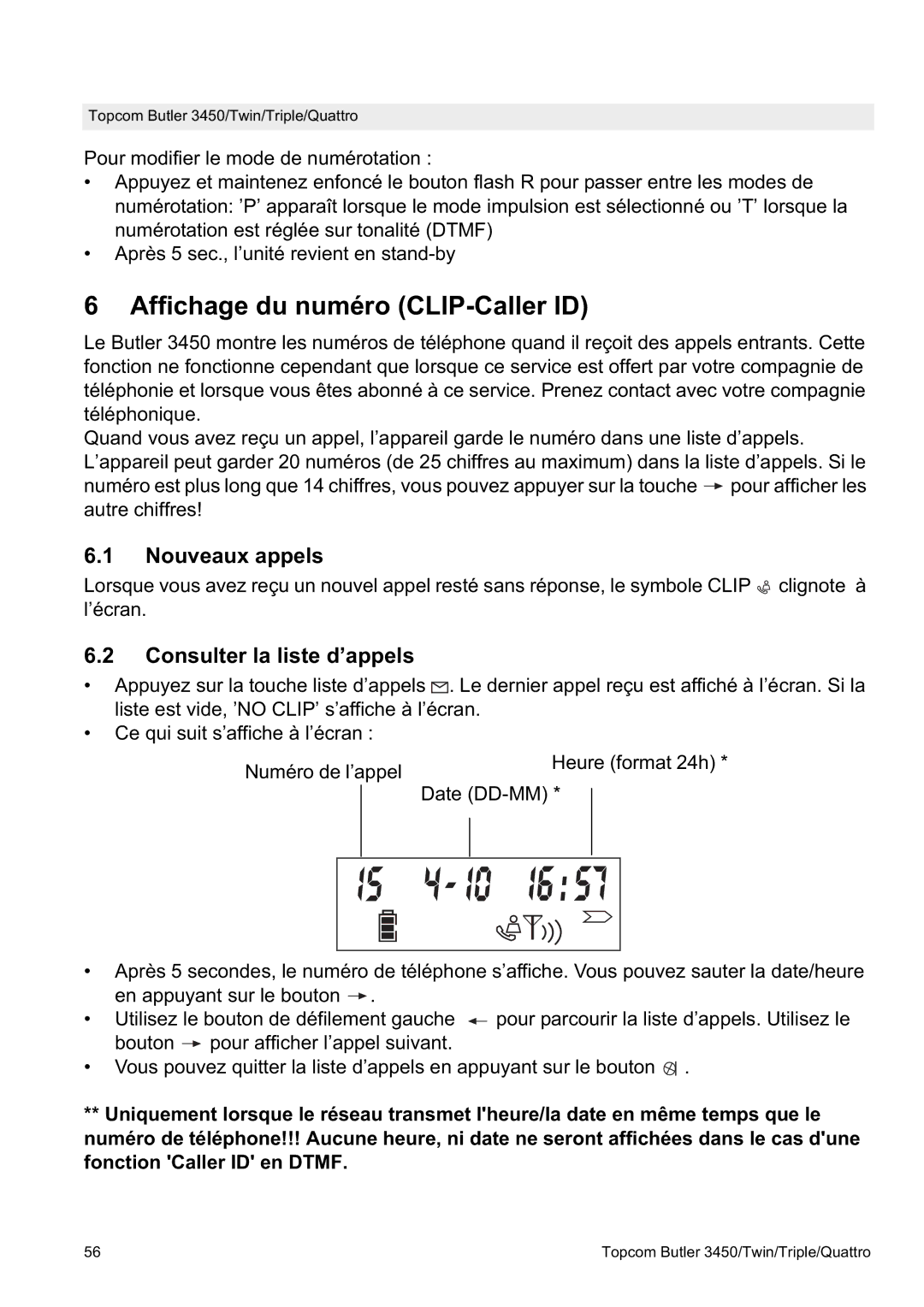 Topcom BUTLER Quattro, BUTLER 3450 manual Affichage du numéro CLIP-Caller ID, Nouveaux appels, Consulter la liste d’appels 