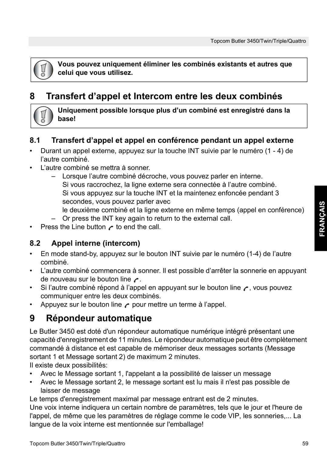 Topcom BUTLER 3450 Transfert d’appel et Intercom entre les deux combinés, Répondeur automatique, Appel interne intercom 