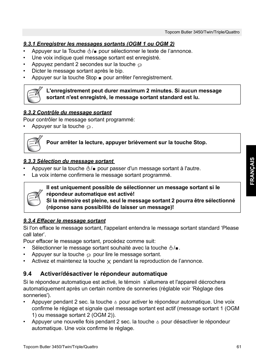 Topcom BUTLER 3450 manual Activer/désactiver le répondeur automatique, Enregistrer les messages sortants OGM 1 ou OGM 