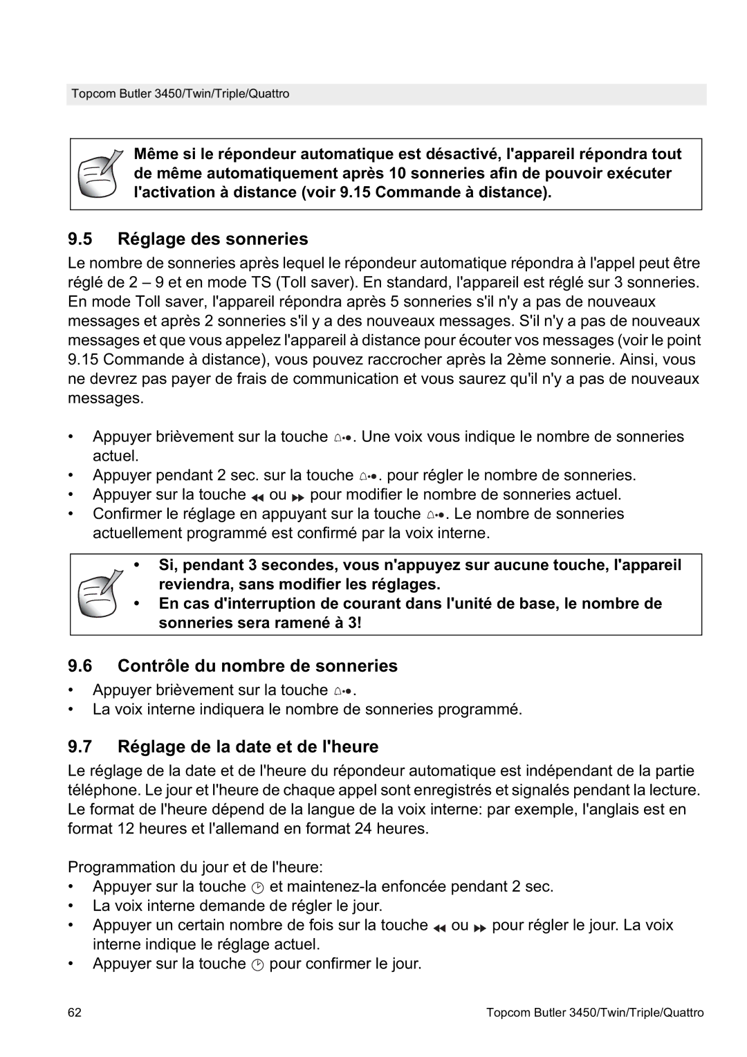 Topcom BUTLER Quattro, BUTLER 3450 Réglage des sonneries, Contrôle du nombre de sonneries, Réglage de la date et de lheure 