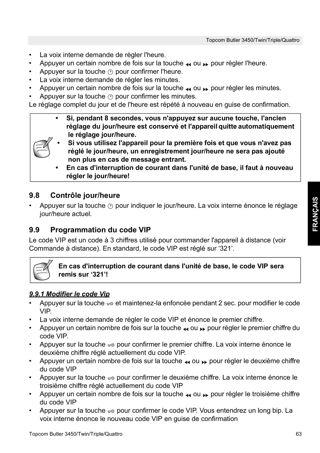 Topcom BUTLER 3450, BUTLER Quattro manual Contrôle jour/heure, Programmation du code VIP, Modifier le code Vip 