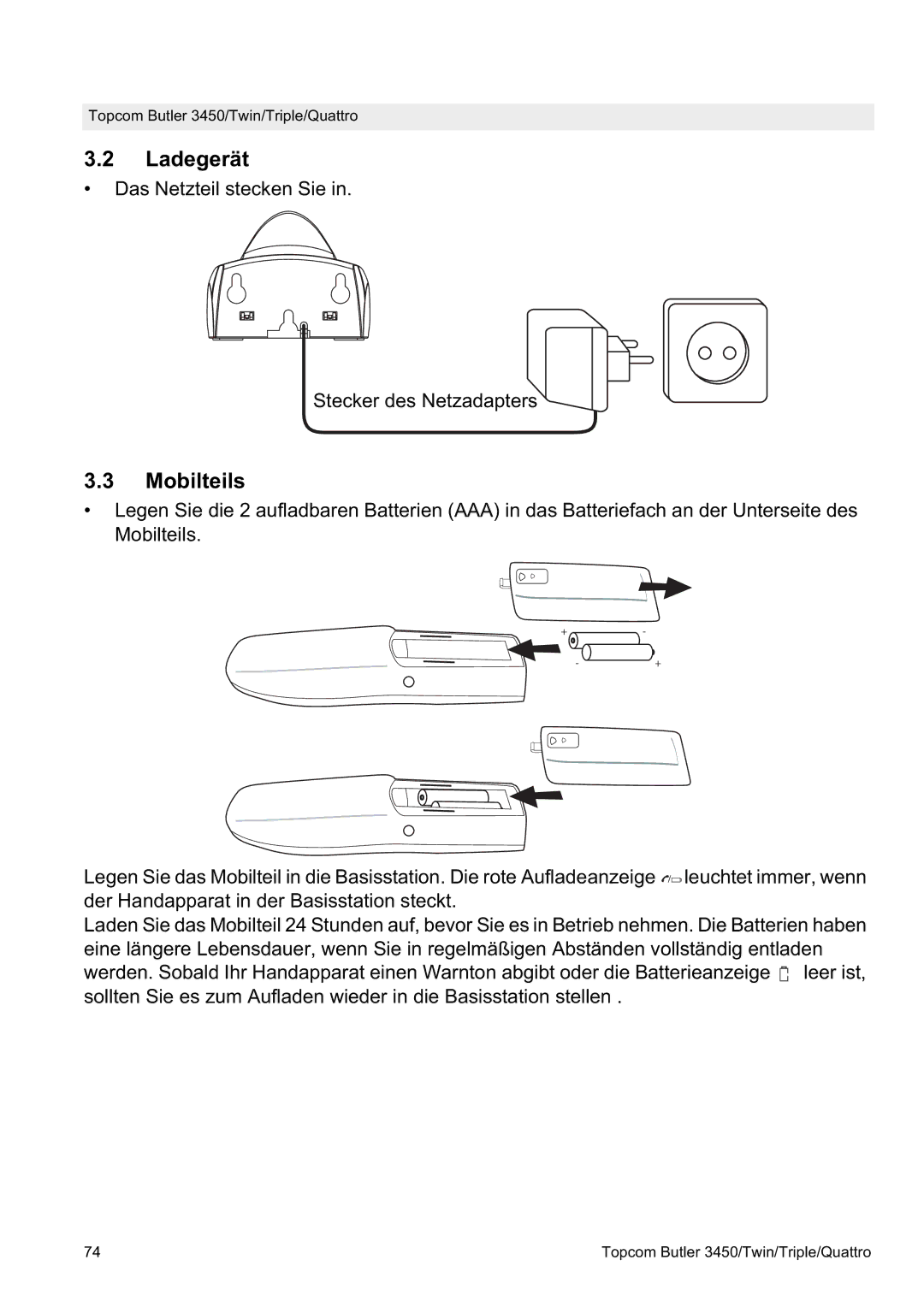 Topcom BUTLER Quattro, BUTLER 3450 manual Ladegerät, Mobilteils 