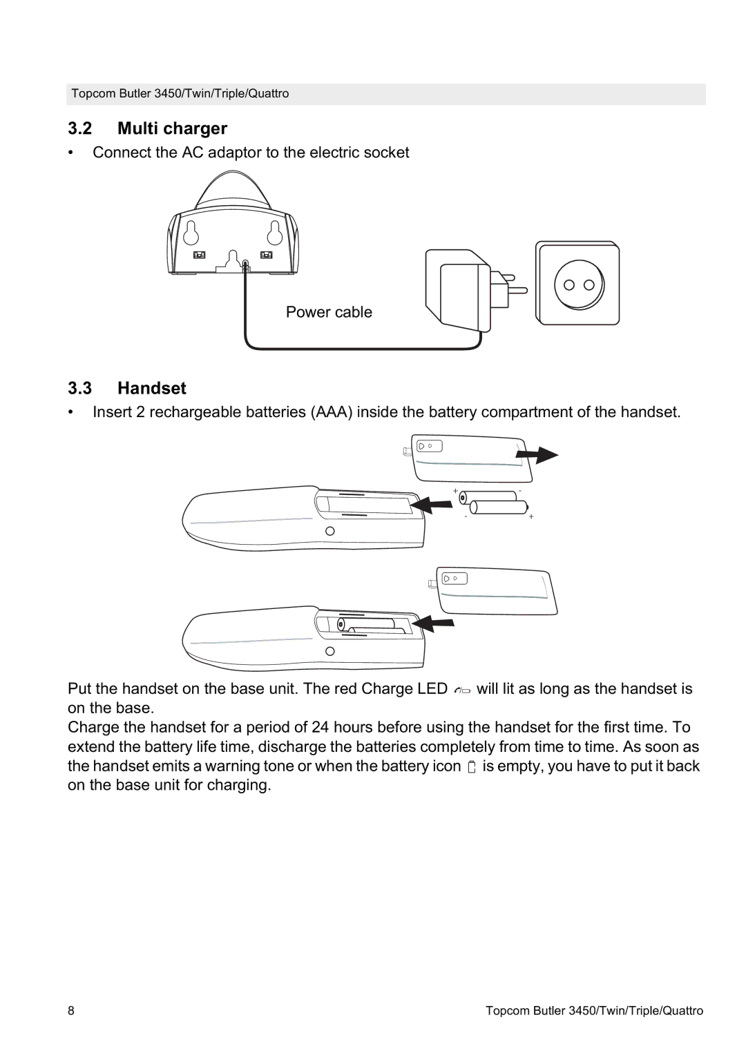 Topcom BUTLER Quattro, BUTLER 3450 manual Multi charger, Handset 