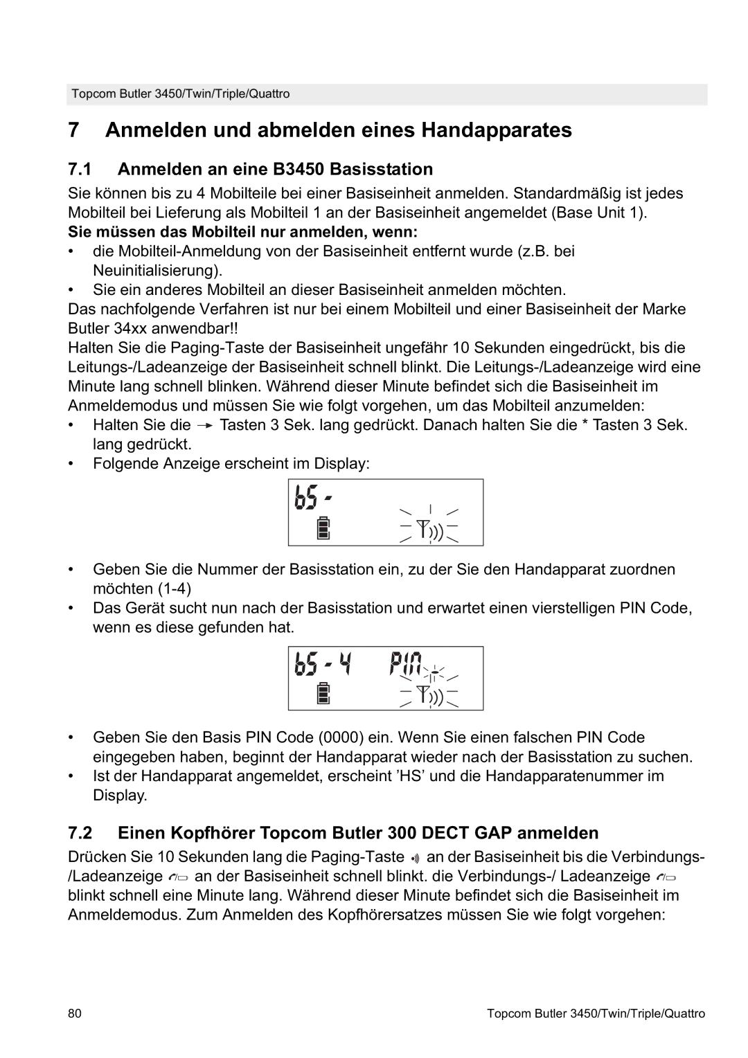 Topcom BUTLER Quattro, BUTLER 3450 manual Anmelden und abmelden eines Handapparates, Anmelden an eine B3450 Basisstation 
