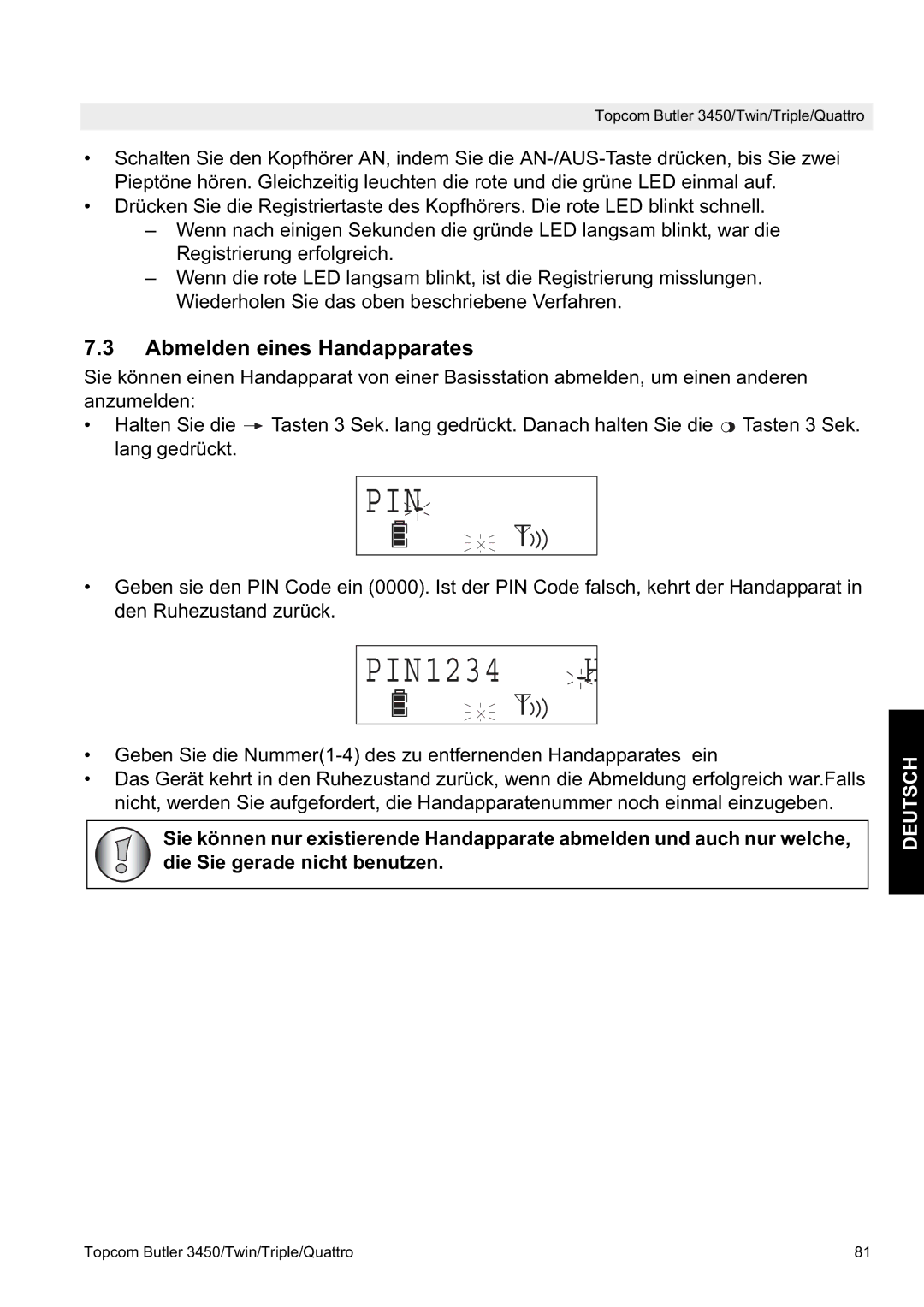 Topcom BUTLER 3450, BUTLER Quattro manual Abmelden eines Handapparates 