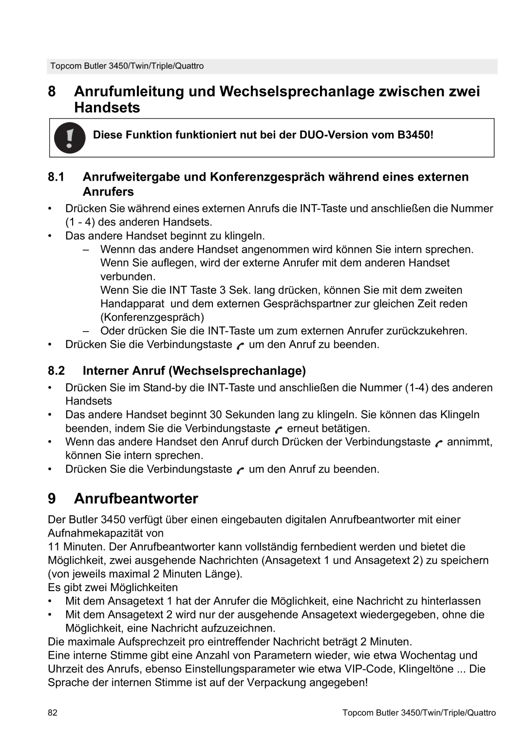 Topcom BUTLER Quattro, BUTLER 3450 manual Anrufbeantworter, Interner Anruf Wechselsprechanlage 