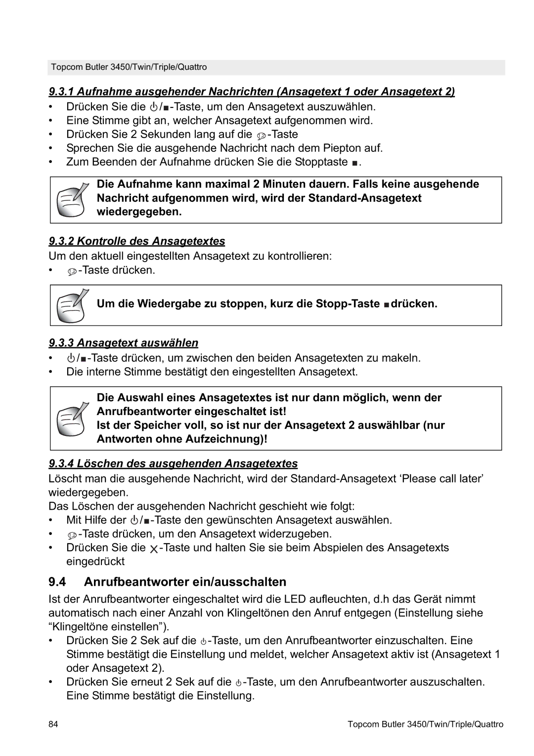 Topcom BUTLER Quattro, BUTLER 3450 manual Anrufbeantworter ein/ausschalten, Kontrolle des Ansagetextes, Ansagetext auswählen 