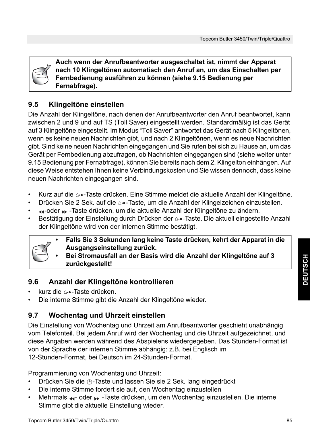 Topcom BUTLER 3450 manual Klingeltöne einstellen, Anzahl der Klingeltöne kontrollieren, Wochentag und Uhrzeit einstellen 