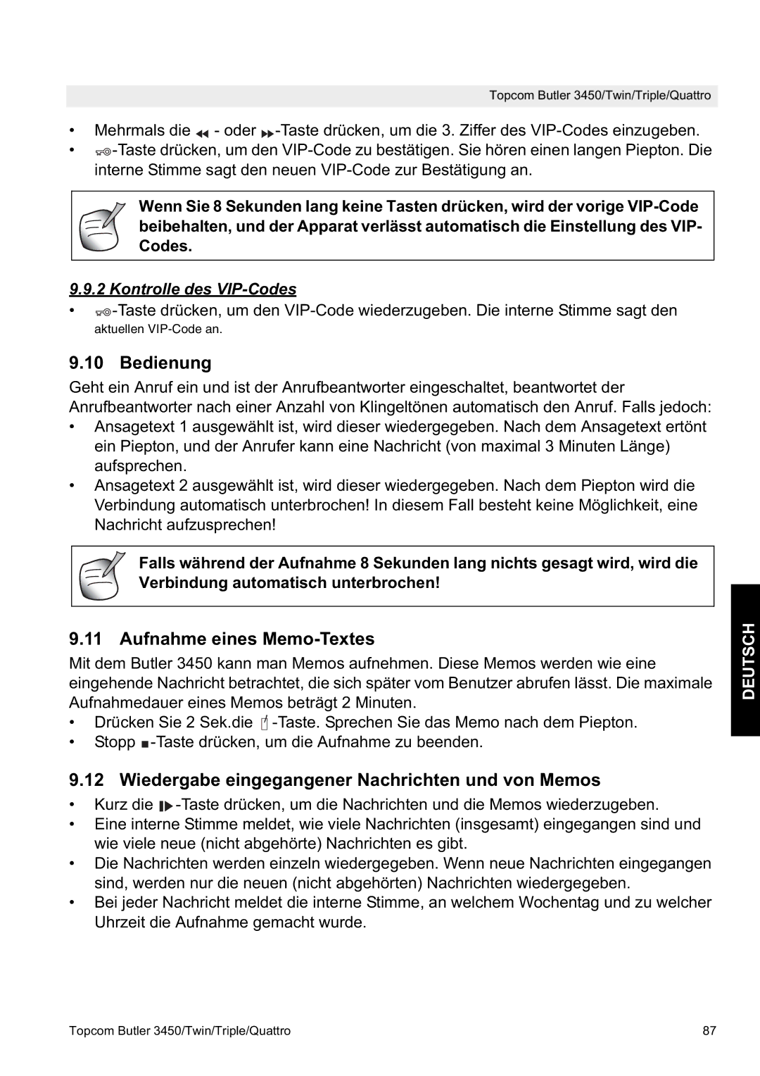 Topcom BUTLER 3450 manual Bedienung, Aufnahme eines Memo-Textes, Wiedergabe eingegangener Nachrichten und von Memos 