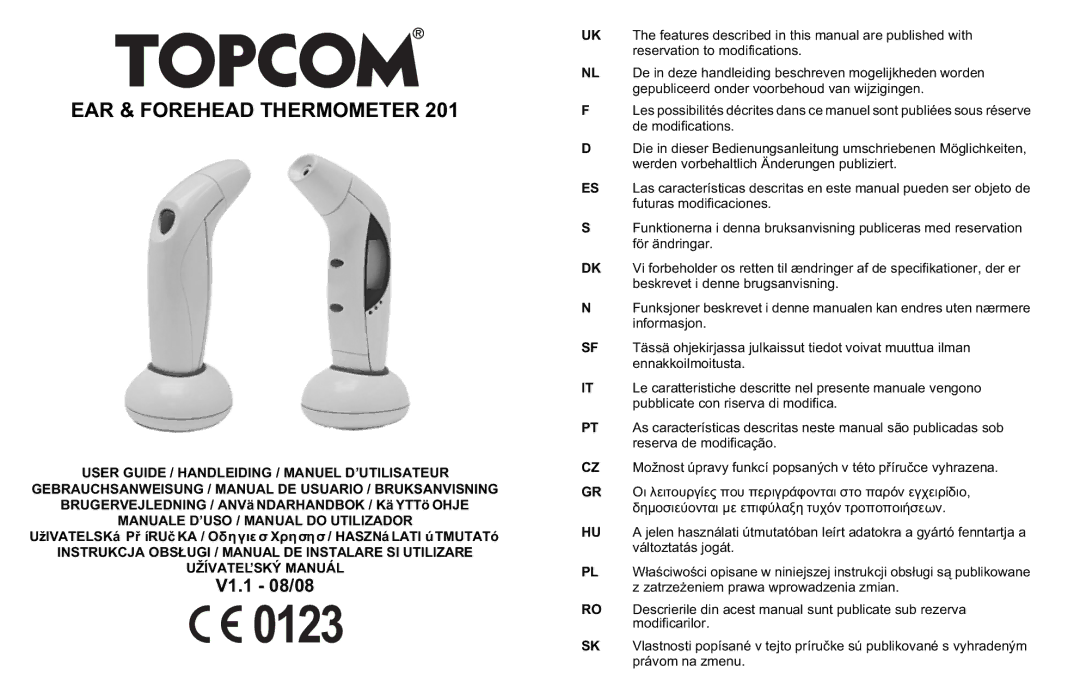 Topcom CE0123 manual do utilizador EAR & Forehead Thermometer 