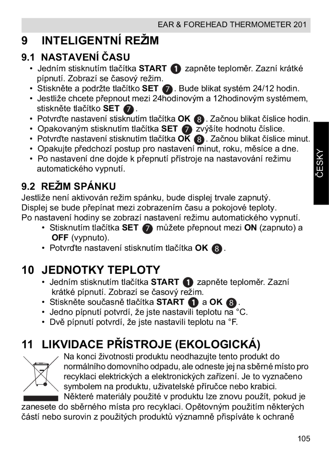 Topcom CE0123 Inteligentní Režim, Jednotky Teploty, Likvidace Pístroje Ekologická, Nastavení, Režim Spánku 