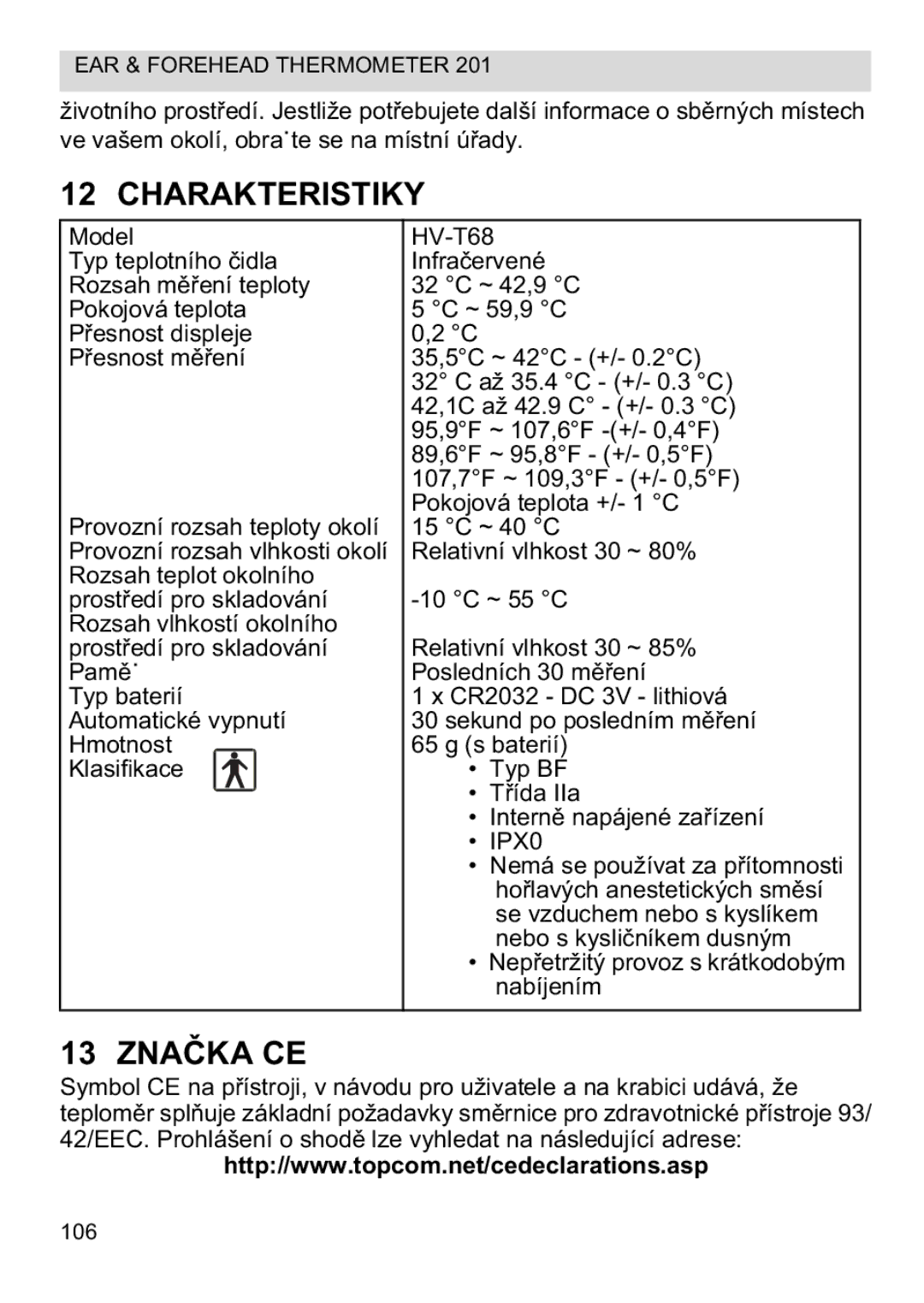 Topcom CE0123 manual do utilizador Charakteristiky, Znaa CE 