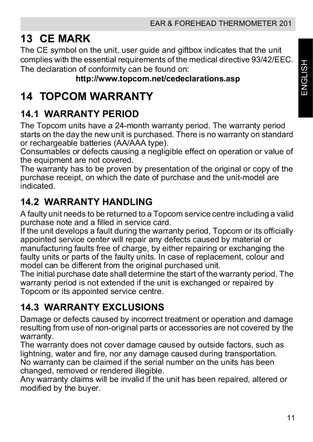 Topcom CE0123 manual do utilizador CE Mark, Topcom Warranty, Warranty Period, Warranty Handling, Warranty Exclusions 