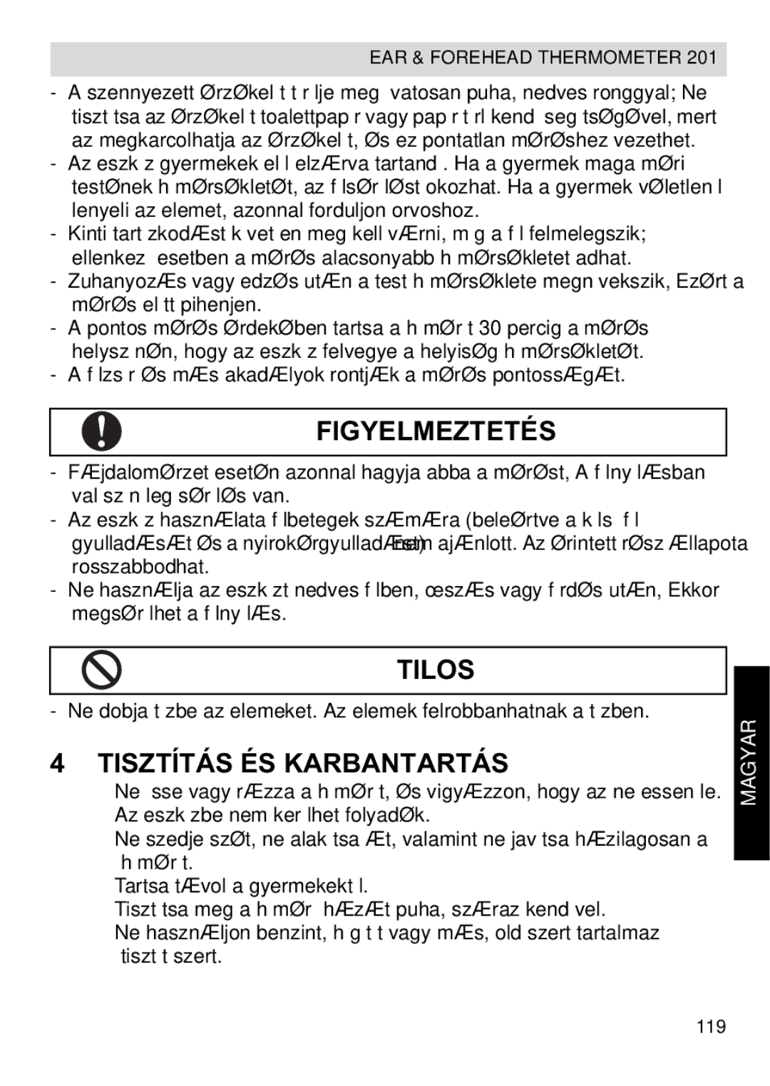 Topcom CE0123 manual do utilizador Tilos, Tisztítás ÉS Karbantartás, Magyar 