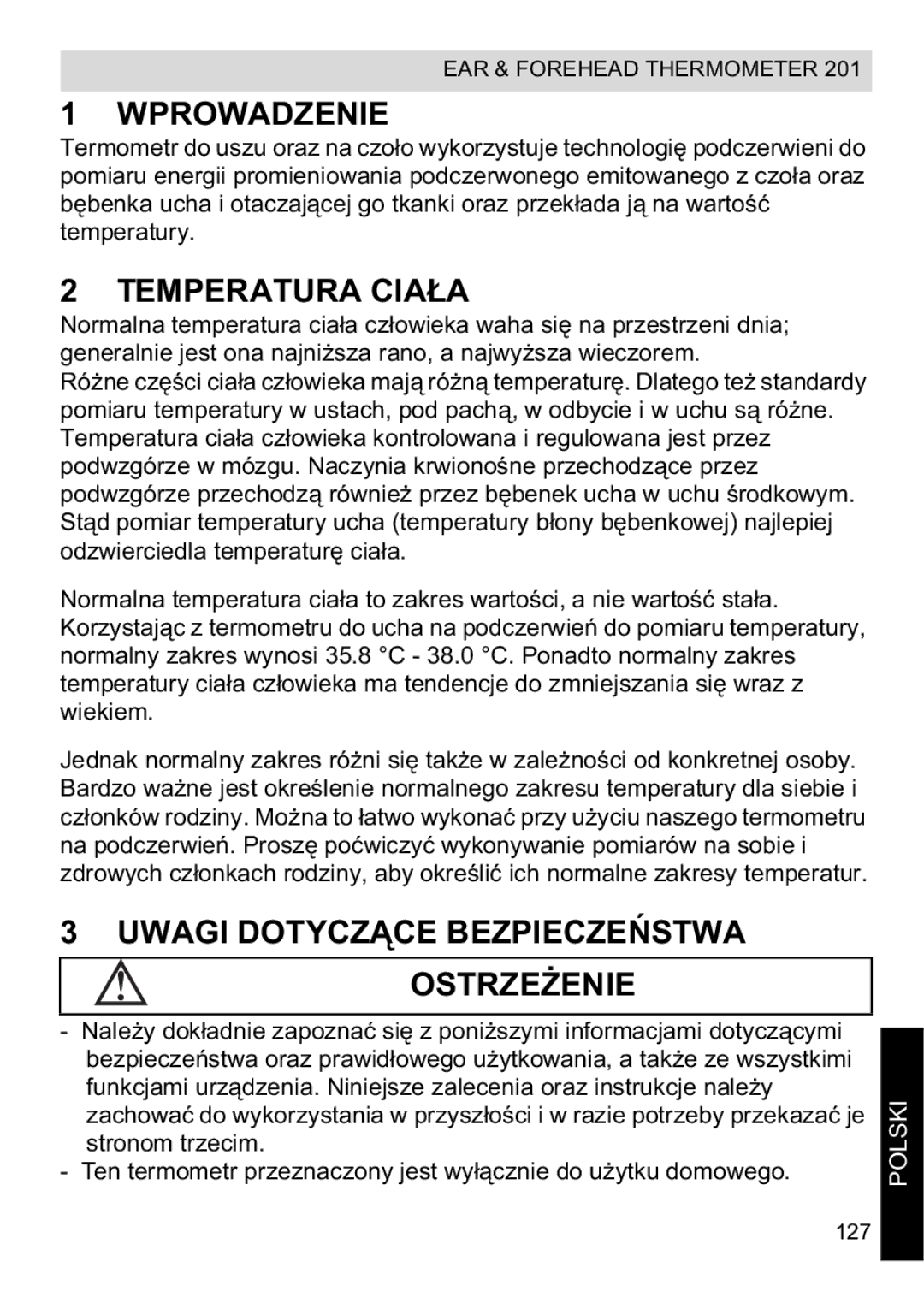 Topcom CE0123 manual do utilizador Wprowadzenie, Temperatura Ciaa, Uwagi Dotycz Bezpieczestwa Ostrze, Polski 