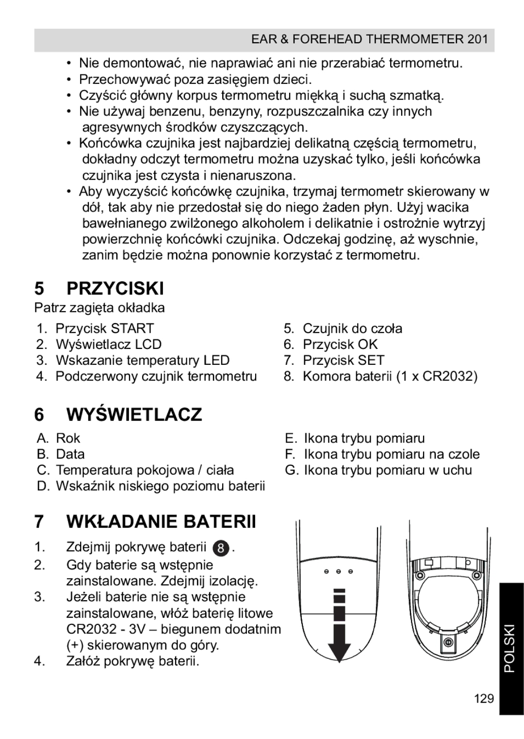 Topcom CE0123 manual do utilizador Przyciski, Wywietlacz, Wkadanie Baterii 