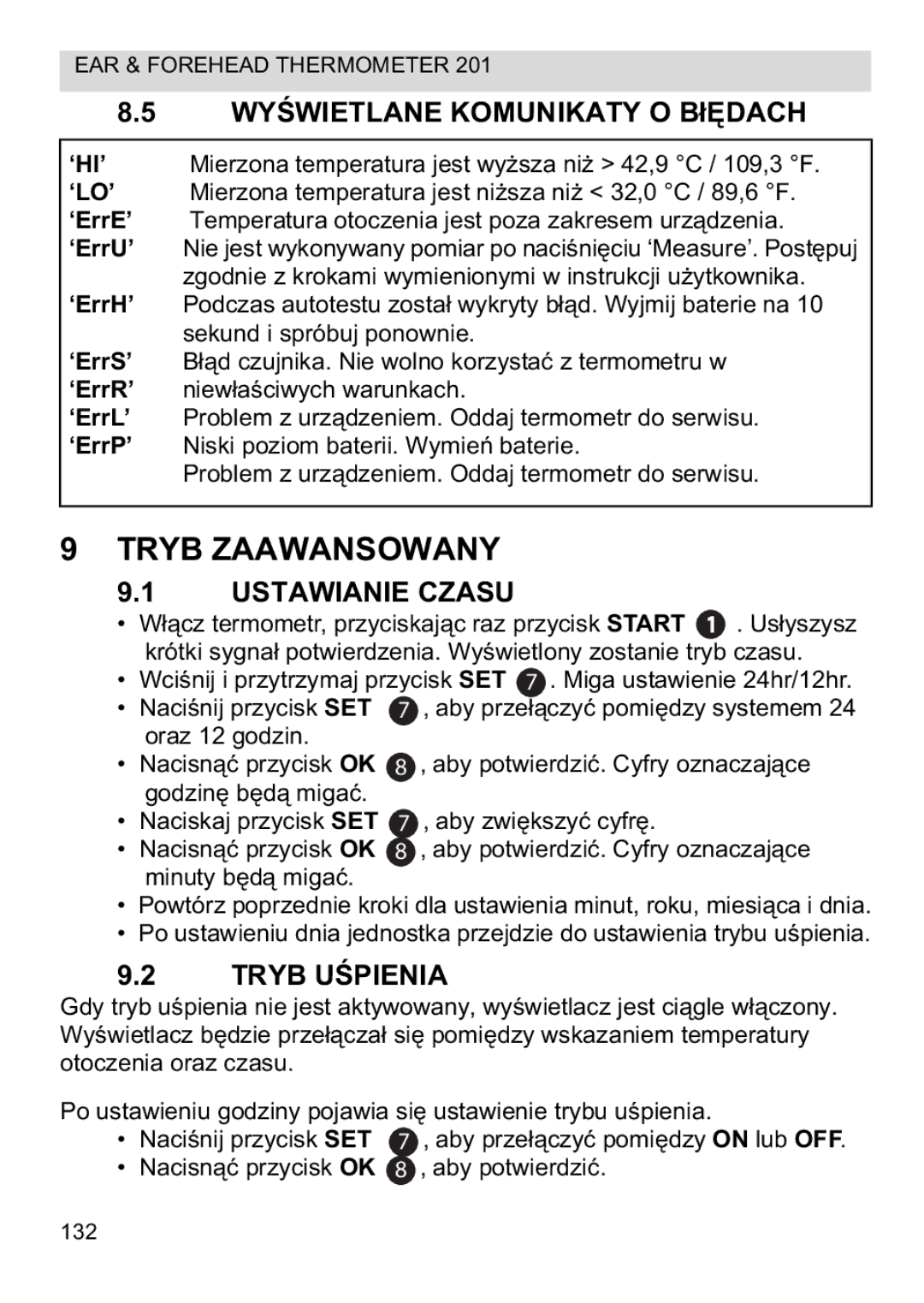 Topcom CE0123 manual do utilizador Tryb Zaawansowany, Wykomunikaty O Bdach, Ustawianie Czasu, Tryb Upienia 