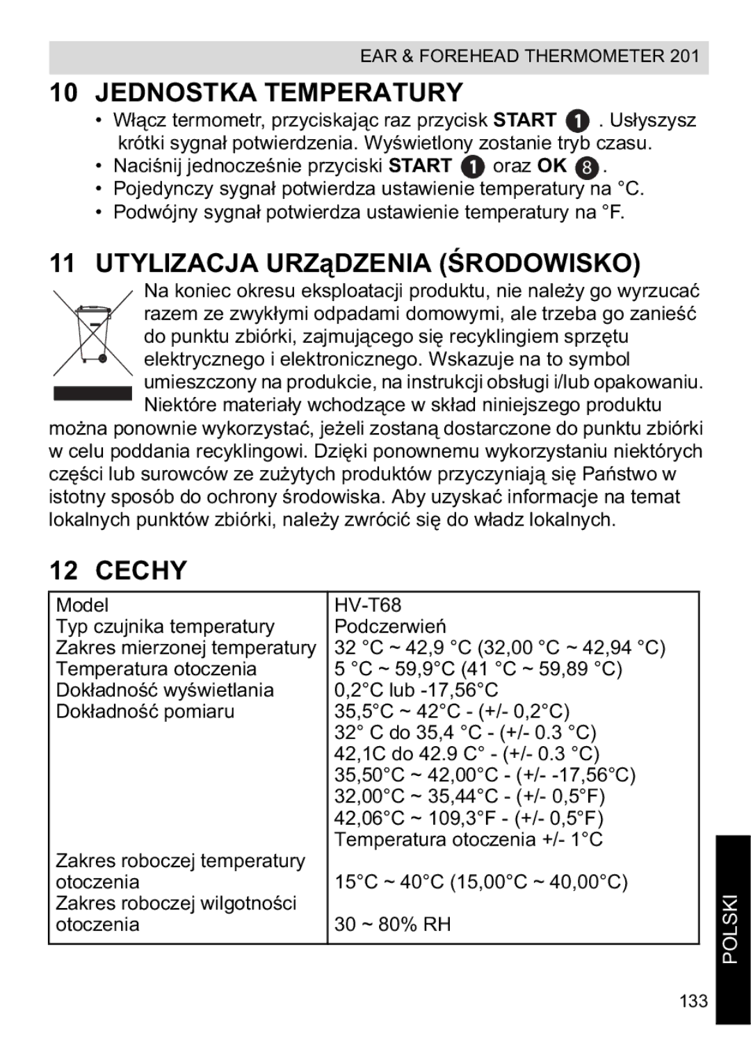 Topcom CE0123 manual do utilizador Jednostka Temperatury, Utylizacja Urzzenia, Cechy 