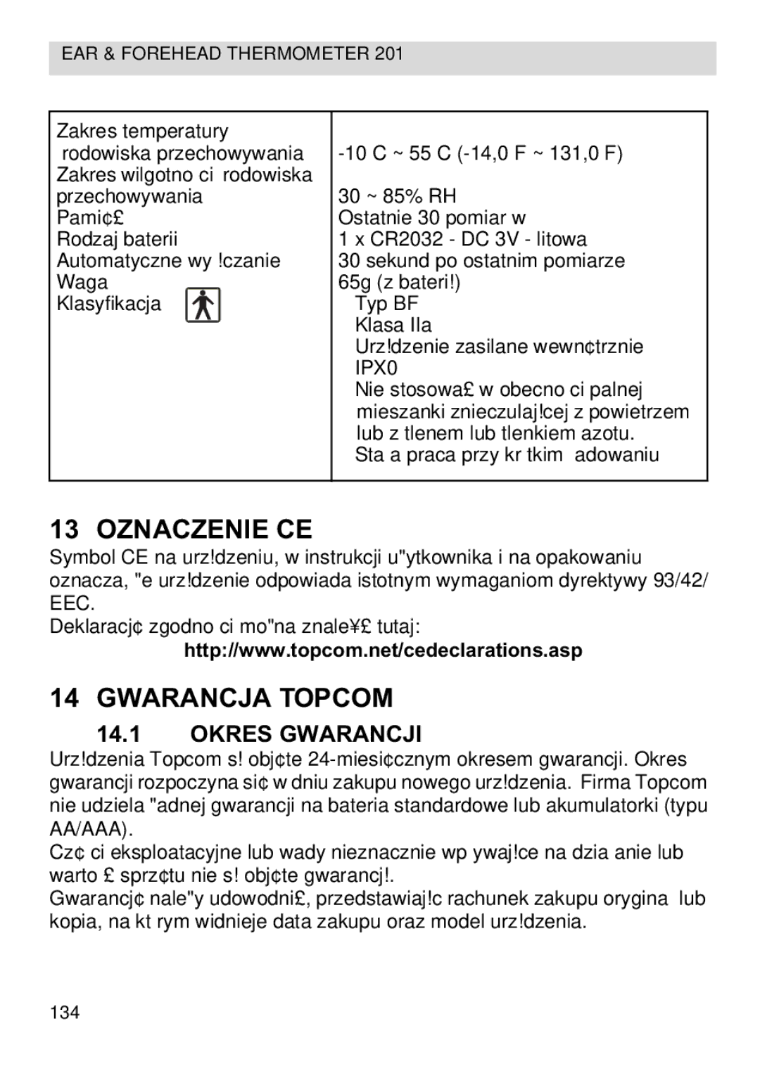 Topcom CE0123 manual do utilizador Oznaczenie CE, Gwarancja Topcom, Okres Gwarancji 