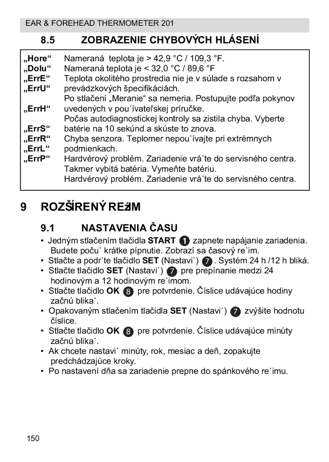 Topcom CE0123 manual do utilizador Rozšírený Reim, Zobrazenie Chybových Hlásení, Nastavenia 