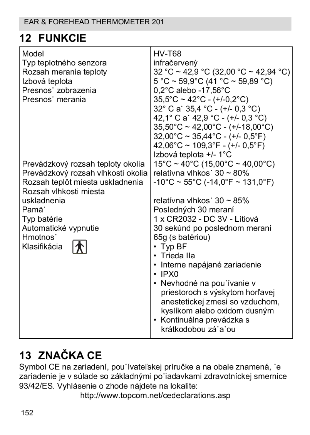 Topcom CE0123 manual do utilizador Funkcie, Znaa CE 