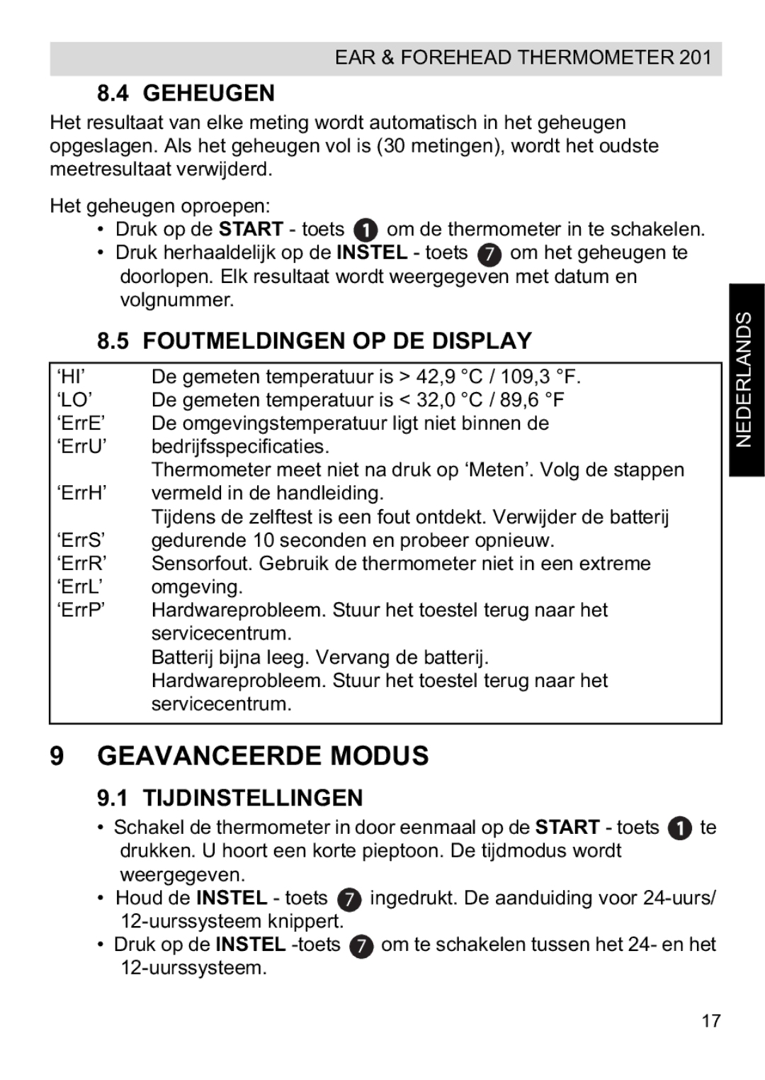 Topcom CE0123 manual do utilizador Geavanceerde Modus, Geheugen, Foutmeldingen OP DE Display, Tijdinstellingen 