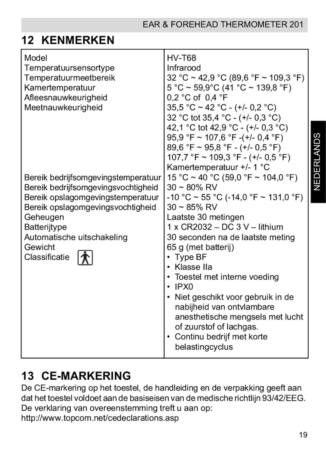 Topcom CE0123 manual do utilizador Kenmerken, Ce-Markering 