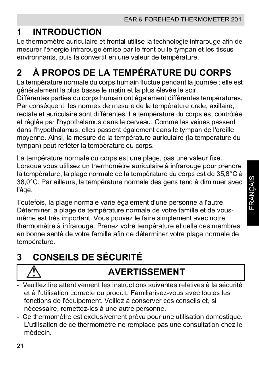 Topcom CE0123 manual do utilizador Propos DE LA Température DU Corps, Conseils DE Sécurité Avertissement, Français 