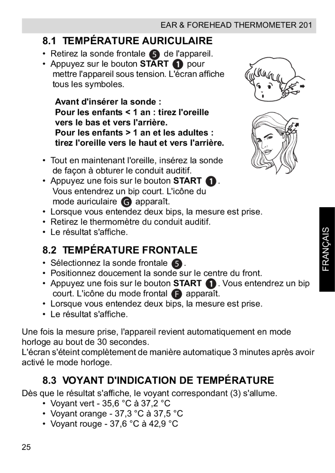 Topcom CE0123 manual do utilizador Température Auriculaire, Température Frontale, Voyant Dindication DE Température 