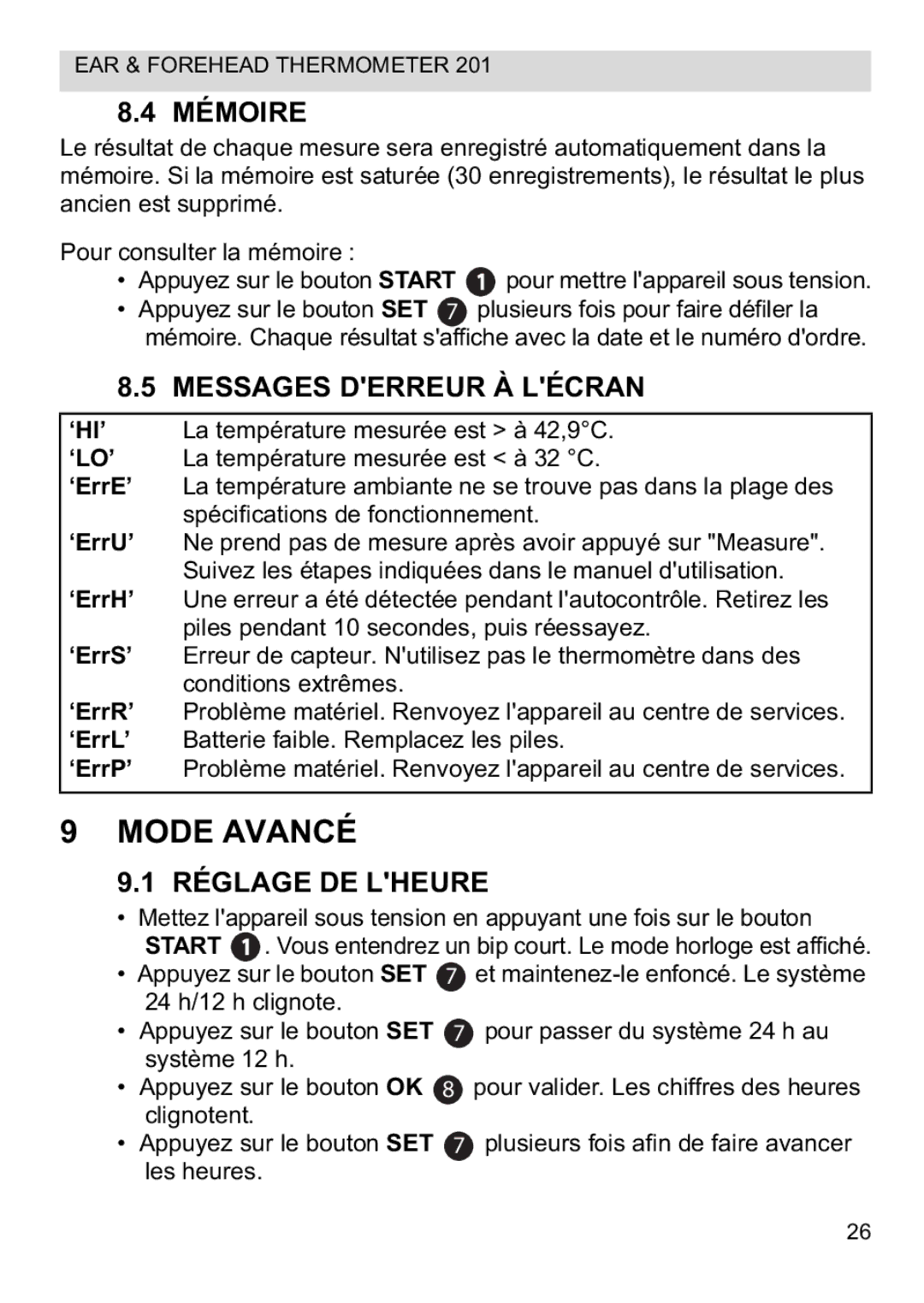 Topcom CE0123 manual do utilizador Mode Avancé, Mémoire, Messages Derreur À Lécran, Réglage DE Lheure 