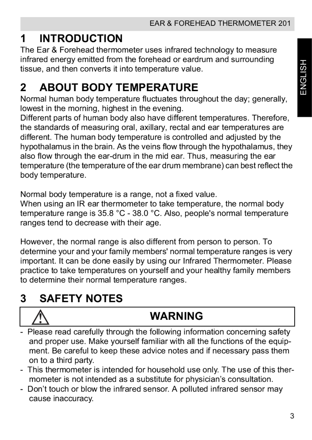 Topcom CE0123 manual do utilizador Introduction, About Body Temperature, Safety Notes, English 