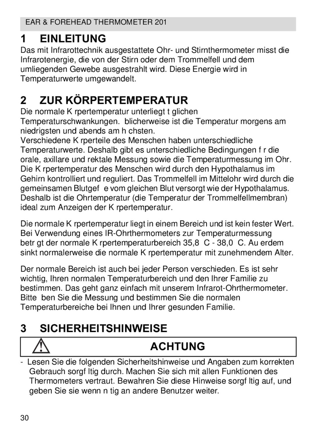 Topcom CE0123 manual do utilizador Einleitung, ZUR Körpertemperatur, Sicherheitshinweise Achtung 