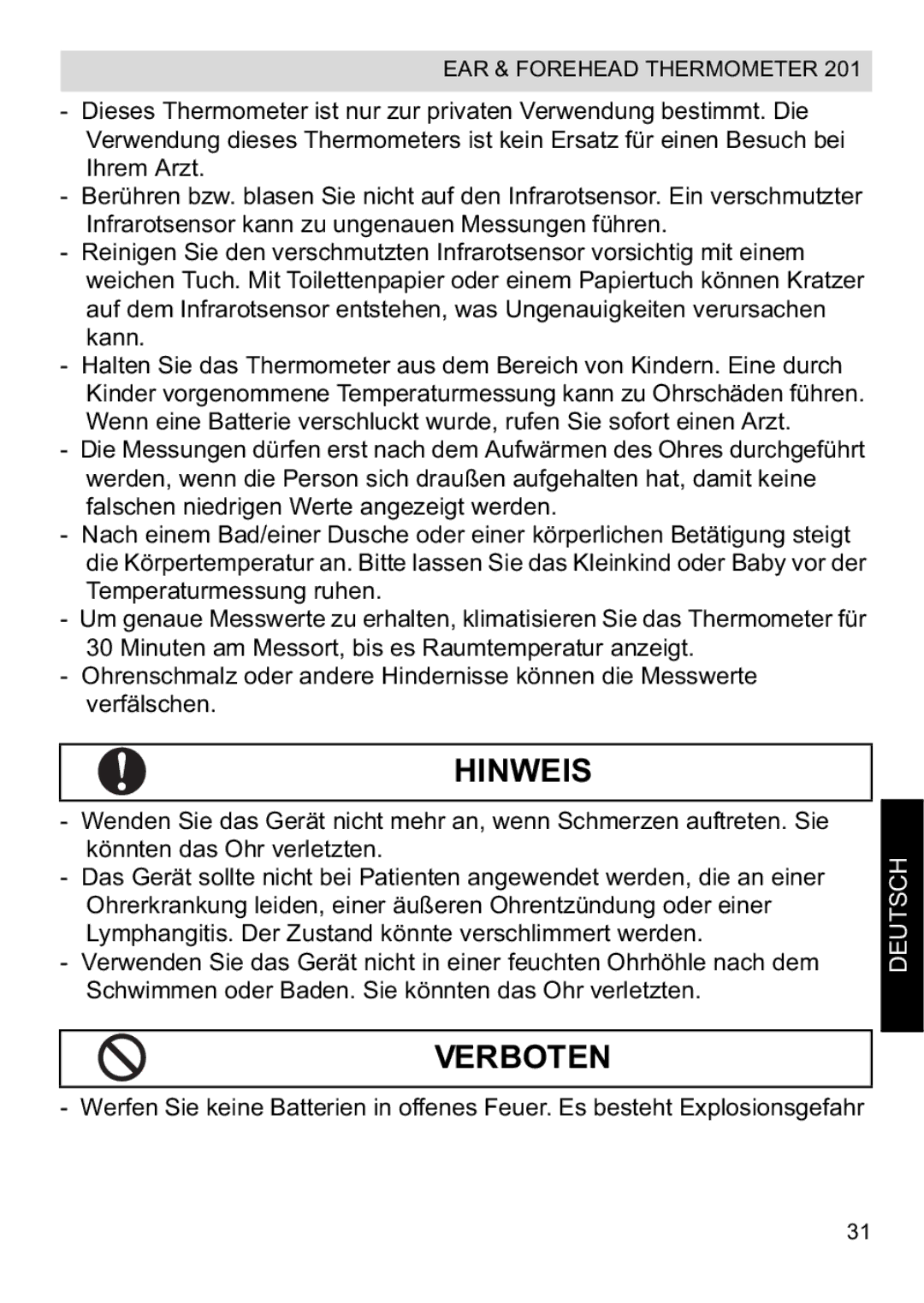 Topcom CE0123 manual do utilizador Hinweis, Verboten, Deutsch 