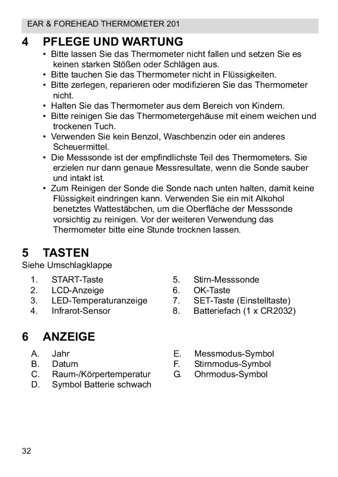 Topcom CE0123 manual do utilizador Pflege UND Wartung, Tasten, Anzeige 