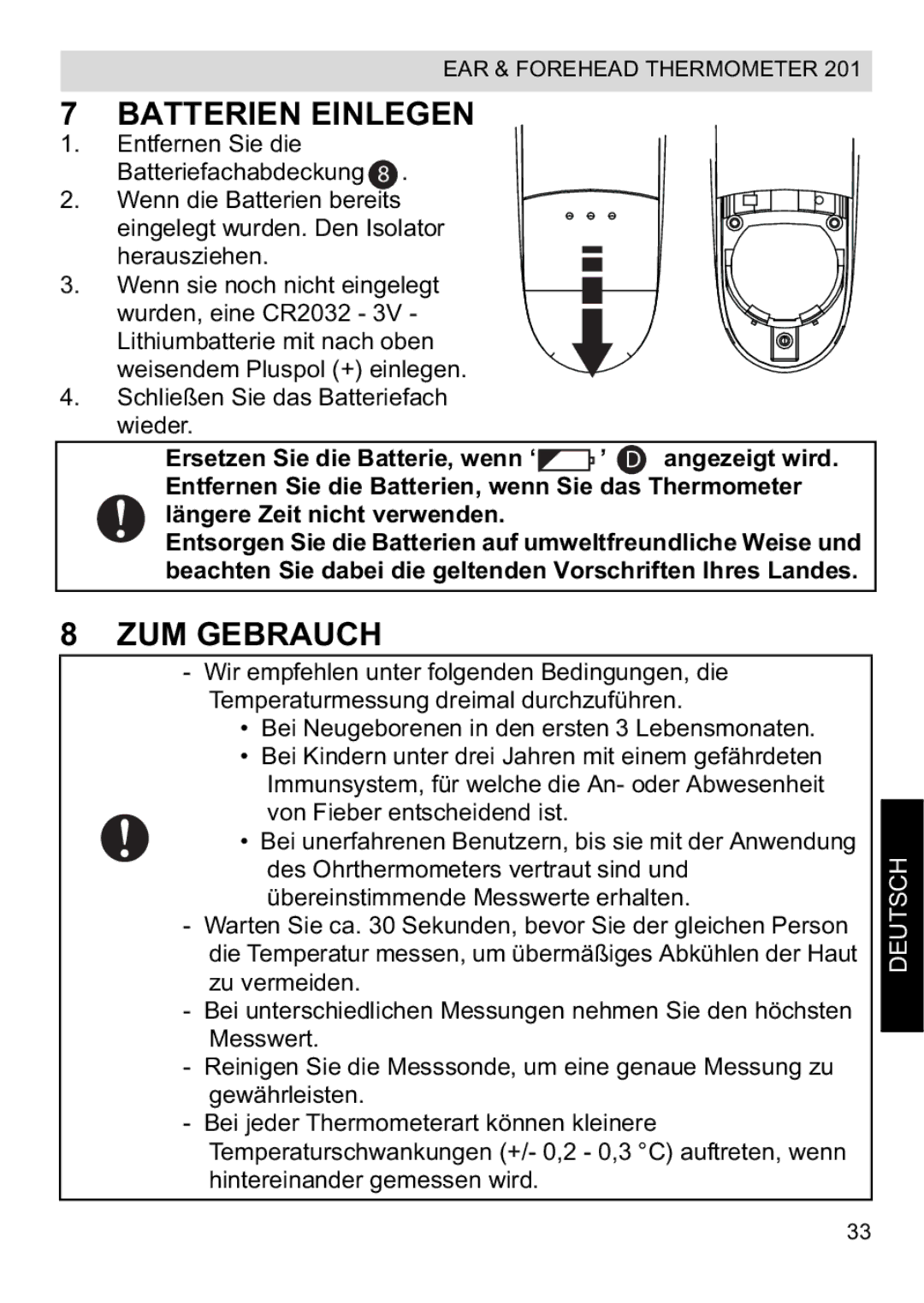 Topcom CE0123 manual do utilizador Batterien Einlegen, ZUM Gebrauch 