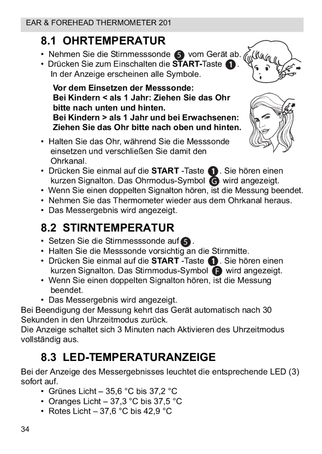 Topcom CE0123 manual do utilizador Ohrtemperatur, Stirntemperatur, Led-Temperaturanzeige 