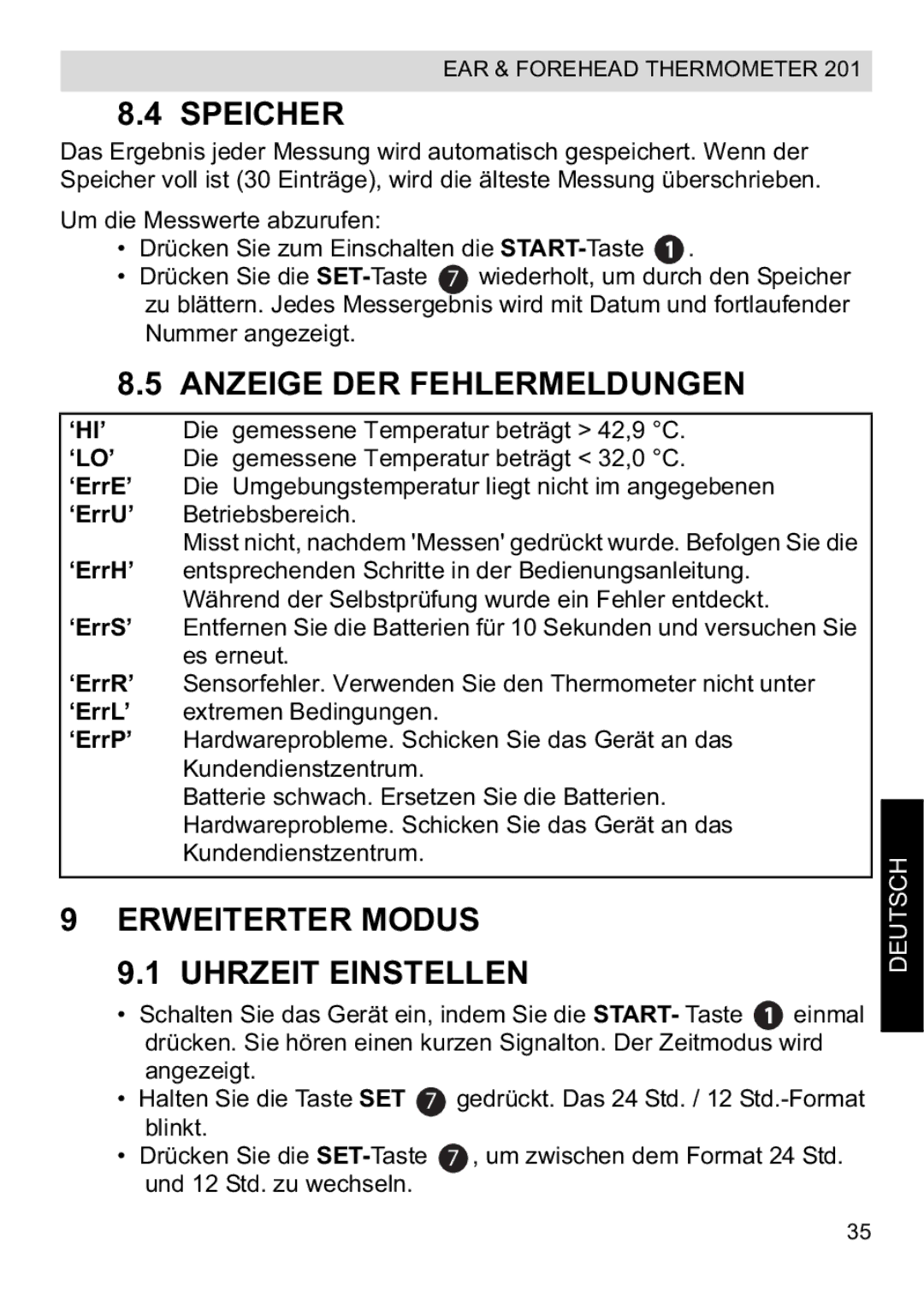 Topcom CE0123 manual do utilizador Speicher, Anzeige DER Fehlermeldungen, Erweiterter Modus Uhrzeit Einstellen 