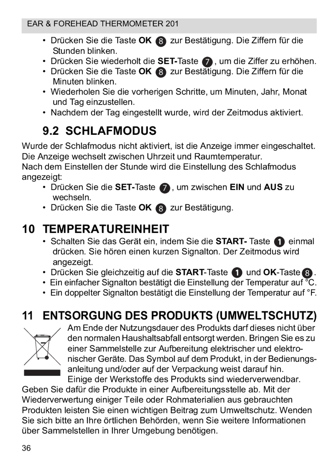 Topcom CE0123 manual do utilizador Schlafmodus, Temperatureinheit, Entsorgung DES Produkts Umweltschutz 