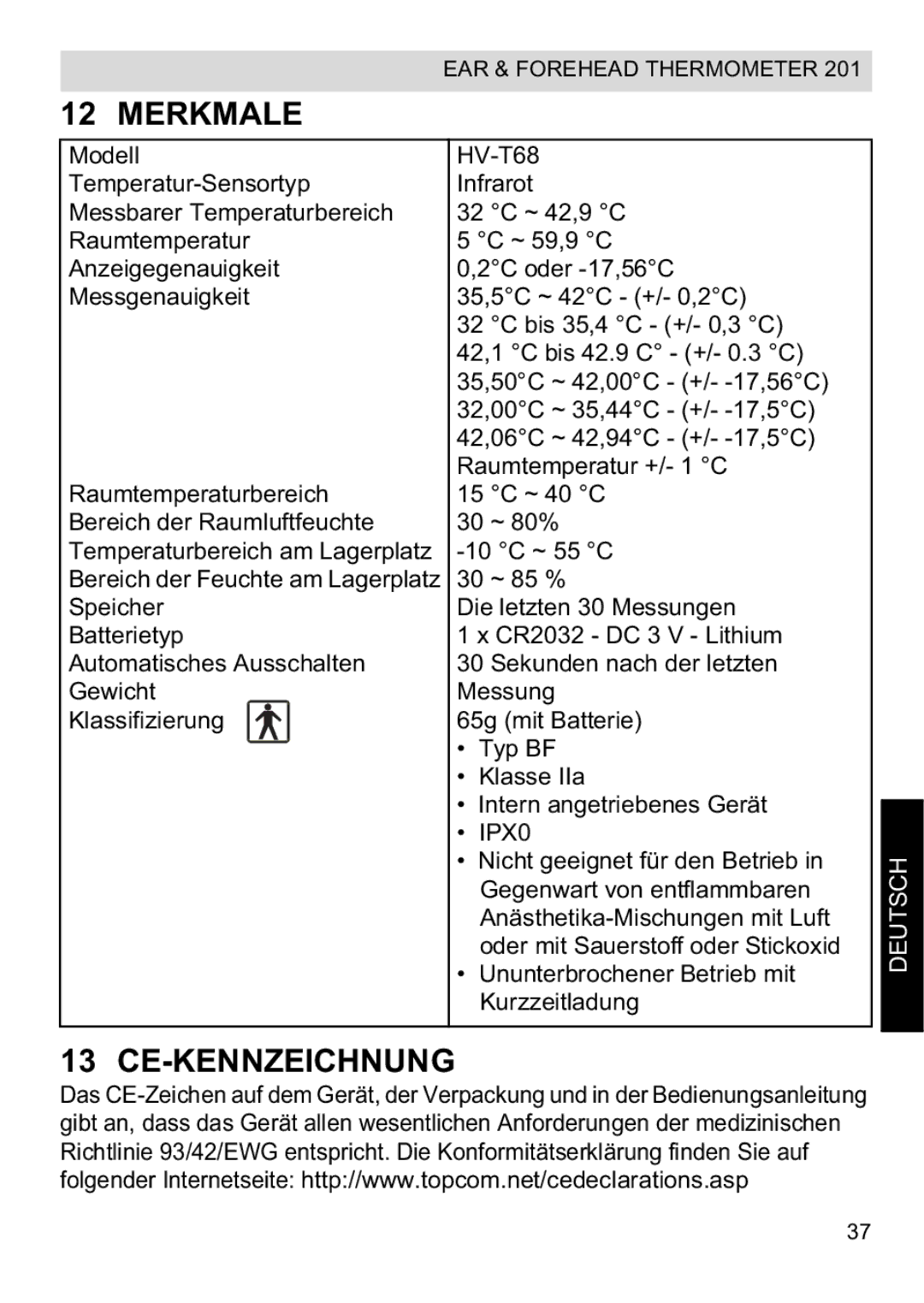 Topcom CE0123 manual do utilizador Merkmale, Ce-Kennzeichnung 